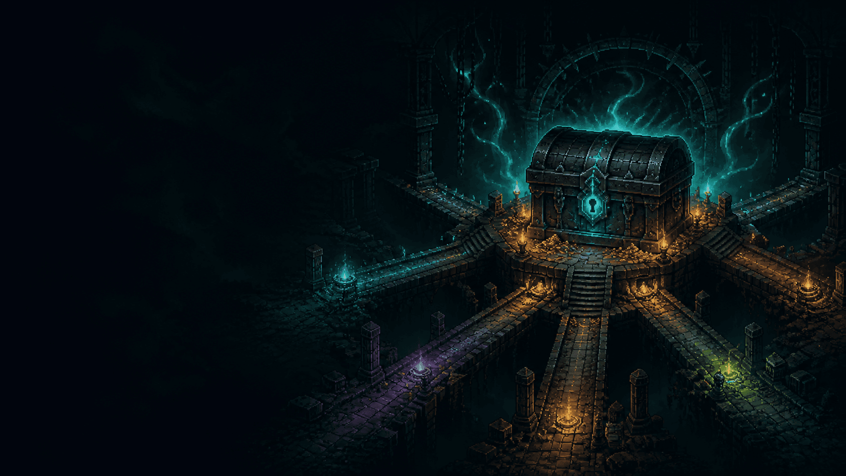 Original illustrated abyssal treasure chest in a dark dungeon