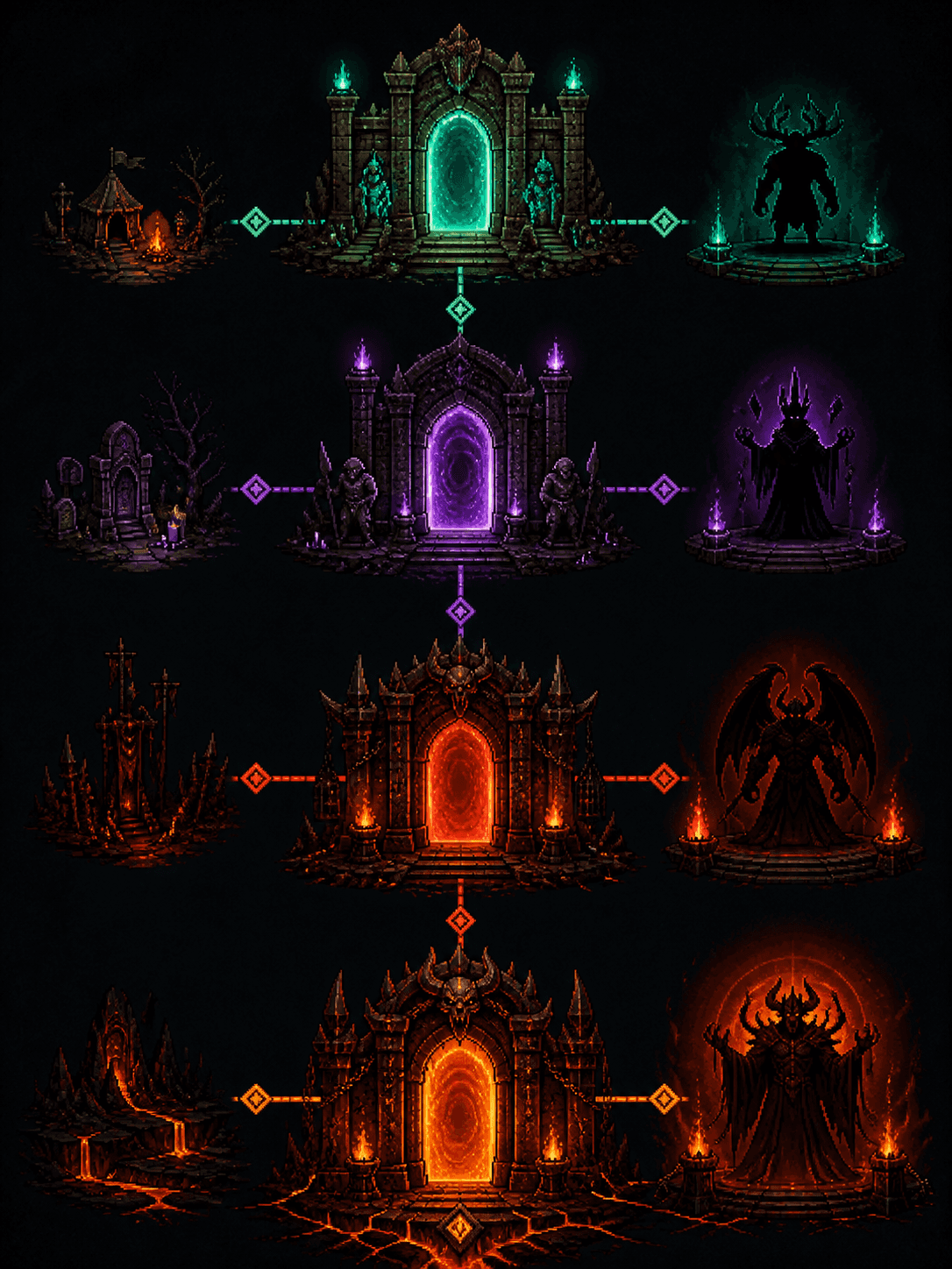 Original illustrated difficulty progression gates